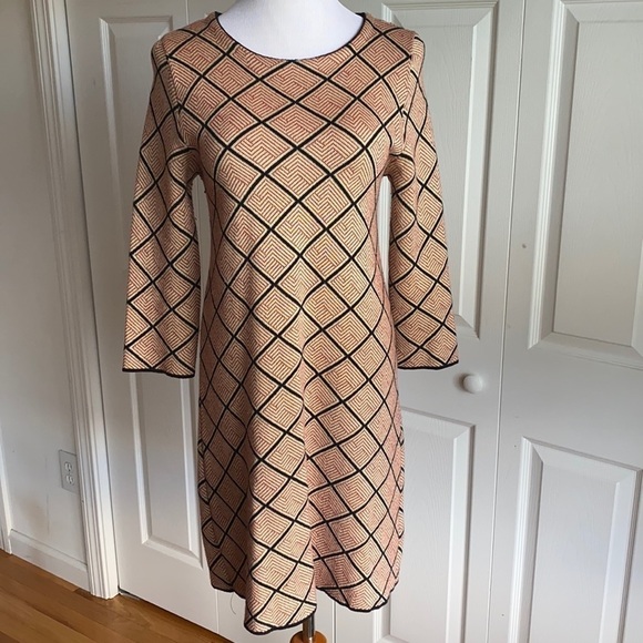 Zara Knit Red, Black & Tan Geometric Print Dress Size Medium - Picture 1 of 10